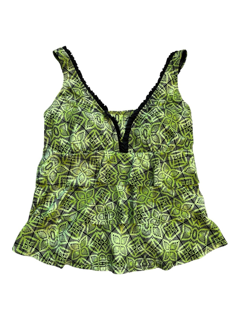 Voglio Green & Black Geometric Floral Tiered Ruffle Tankini Swim Top Size XlArge